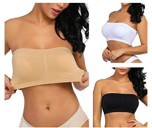 Boolavard ® Comfort BH – sömlös – bustier-bh – fritid och sportbehå, sporttopp, sömlös, formbysthållare, topp utan bygel, bandeau-bh boob tub, strapless, stretchig förpackning med 3 – svart, vit och beige, Svart, vit, beige, XXL