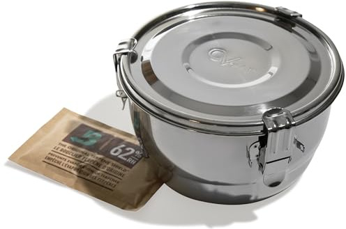 CVAULT | 1/4 lb Container | Air Tight & Light Resistant | Food Grade Stainless Steel | Includes 62% RH humidity pack