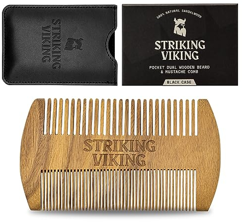 Sandalwood Beard Comb and Case - Pocket Sized Wooden Beard & Mustache Comb with Fine & Coarse Teeth - Perfect for Use with Balms and Oils - Striking Viking (Black)