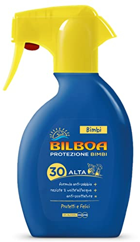 Bilboa, Bimbi Trigger Solare Bambini con Protezione SPF 30 - Spray Senza Alcool - Formula Anti Sabbia, Resistente all'Acqua e Anti Scottature - Dermatologicamente Testato - 250 ml