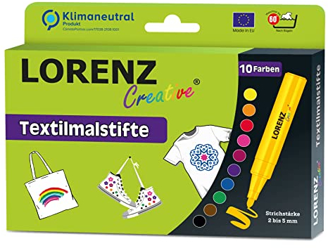 LORENZ Creative 10 Textilmalstifte | waschfest bis 60°C | 2-5mm Strichstärke | handlich | kinderleichtes Bemalen von Stofftaschen T-Shirts Schuhen uvm. | Hergestellt in der EU