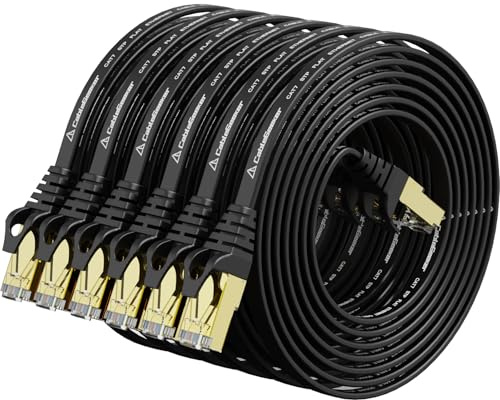 Cat 7 Shielded Ethernet Cable 5 ft 6 Pack Black (Highest Speed Cable) Cat7 Flat Ethernet Patch Cables - Internet Cable for Modem, Router, LAN, Computer - Compatible with Cat 5e，Cat 6 Network
