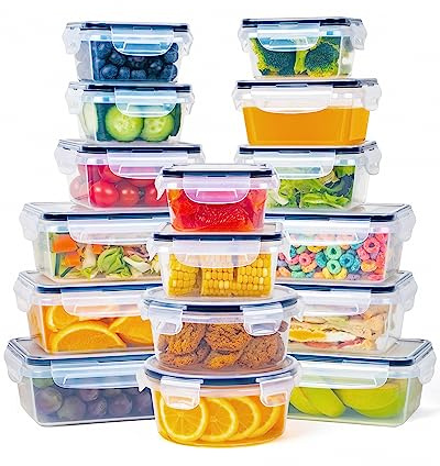 FOOYOO Contenedor de almacenamiento de alimentos de 32 piezas con tapas (16 recipientes + 16 tapas) – Tapas herméticas de plástico a prueba de fugas, recipientes de almacenamiento sin BPA con tapas