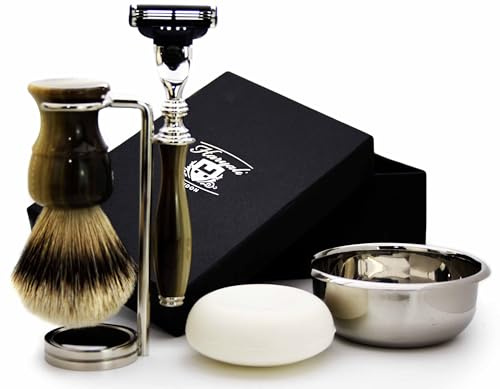 Haryali London 5-teiliges Herren-Rasierset mit 3 Rasierklingen und Silberspitzen, Dachshaar-Rasierpinsel, Ständer, Seife und Schüssel, perfektes Set für Männer