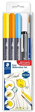 STAEDTLER Easy Watercolour Set Birds - Vögel, mit Doppel-Filzstiften, Pigment-Fineliner, Aquarell-Pinsel und Lesezeichen zum selber Bemalen, hohe Qualität, 3001STB5-1