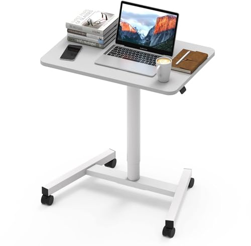 MPETAPT 28-Inch Mobile Standing Desk, Computer Workstations with Cup Holder, Portable Standing Desk with Lockable Wheels, Rolling Table for Home Office Classroom Hospital (White)