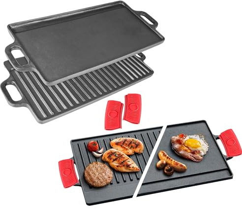 Cast Iron Griddle Grill Pan, Nonstick Griddle Grill with Dual Handles, Pre-Seasoned Reversible Grilling Plate, Double Burner Stovetop Skillet, BBQ Griddle Plate Tray 20x9 Inch