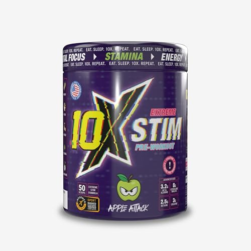 10X Athletic Stim Pre Workout Beta Alanine Caffeine Creatine Sugar Free Vegan Low Calorie Various Flavours 600g 23/50 servings (Apple Attack)