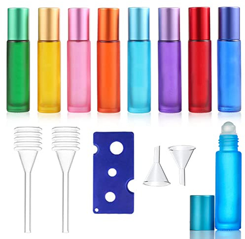 laeeyin 8 Stück Leer Glas Roll-on Flaschen mit Edelstahl-Roller，Für ätherische Öle, Lotionen, Parfums, 8-farbig Roller Leere Flaschen für Zuhause Reisen