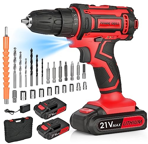 Bilivry Trapano Avvitatore Batteria, 21v Con 2 Batterie 2.0 Ah,25 + 1 Coppia Nominale, 24 PCS di Accessori per Trapano Elettrico a 2 Velocità, Coppia Massima 40NM