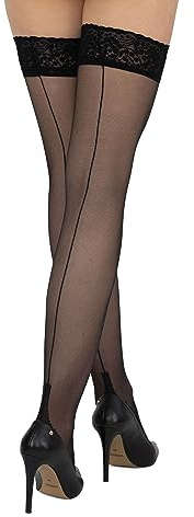 looksy Halterlose Strümpfe mit Naht für Damen, oberschenkel hoch, 20 DEN, selbsttragende Strümpfe für den Abend und im sexy Stil mit Spitzenbändern, Damenunterwäsche Tentazione, Nero XS/S