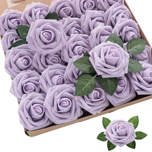 Aoleytech Aolytech Artificial Flower Roses, 50 Real Touch Fake Foam Roses, Wedding Decorations, Bridal Bouquet, Valentine's Day, Mother's Day, Baby Shower (Light Purple)