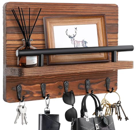 HOUSINN Portachiavi da Parete in Legno con 5 Ganci, Organizer da Parete in Legno con Mensola per Posta, Chiavi, Lettere, Giornali, Appendichiavi da Muro Portaoggetti per Corridoio, Ingresso, Ufficio