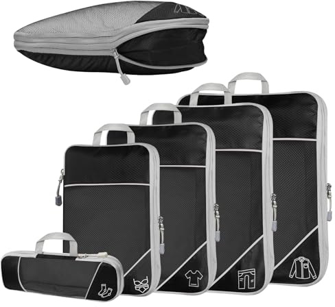 Desoto 5-teilig Kompressions Packwürfel Set für Reisen, Schwarz | Compression Packing Cube zur Organisation Ihres Reisegepäcks, für Rucksack & Koffer, Aufbewahrungstasche, Koffer-Organizer