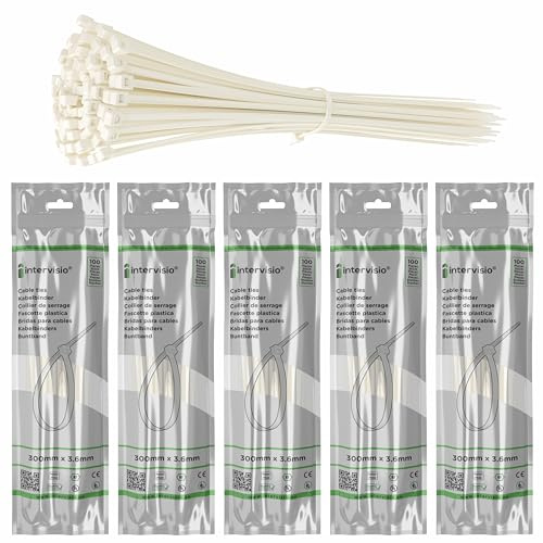 intervisio buntband 300 mm x 3,6 mm, nylon, högpresterande 300 mm universalbindare, vitt – naturligt – neutral, 500 stycken bindemedel