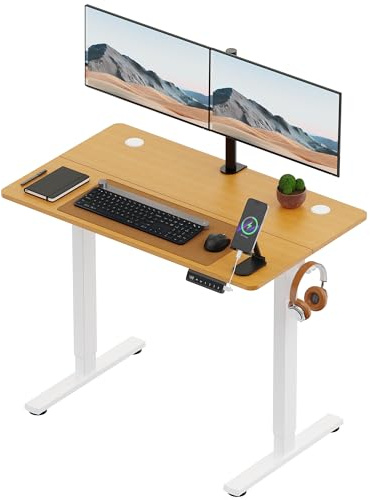 VonHaus Electric Standing Desk, USB-C Charging Height Adjustable Sit Stand Desk with Anti-Collision, Height Preset Technology & Cable Management, Light Wood Two Piece Desktop & Steel Frame, 100x60cm