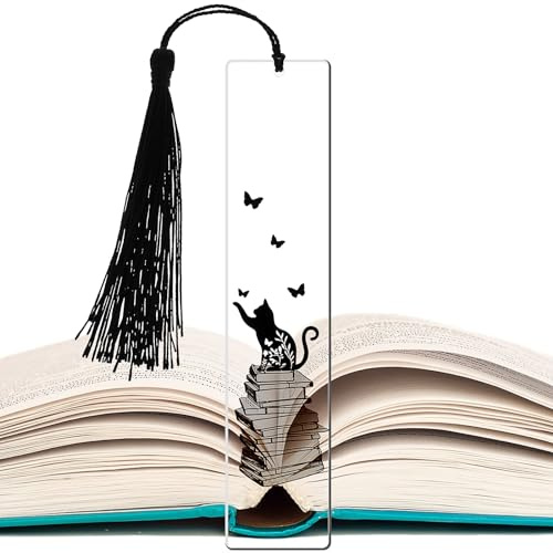 Dimeho Marque-page rectangulaire en acrylique transparent personnalisé en forme chat avec pompons noirs Accessoires marquage livre inspirants durables les projets bricolage Étudiants Vers bibliothèque