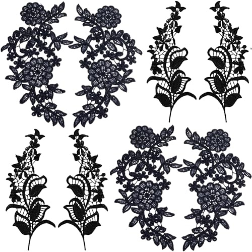 GORGECRAFT 8Stk 2 Stile Blumen-Stickerei-Spitzen-Applikationen Stoff-Blumen-Aufnäher-Applikation Vintage-Kragen-Ausschnitt-Besatz Flicken Zum Nähen von Kleidung Hüten Taschen DIY-Dekor Schwarz