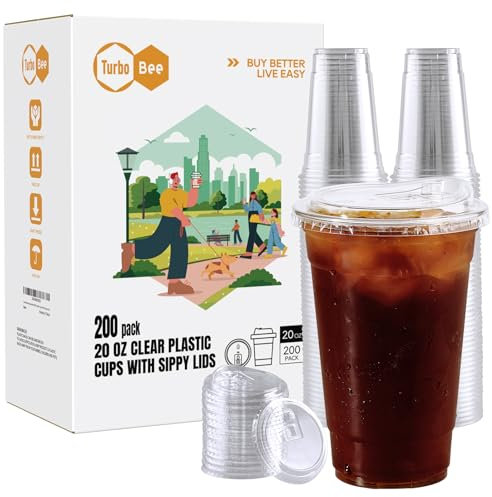Turbo Bee 20 onzas – 200 juegos de vasos de plástico transparente con tapas sin popote, vasos de plástico desechables transparentes con tapas, tazas para llevar para café helado, batidos, refrescos,