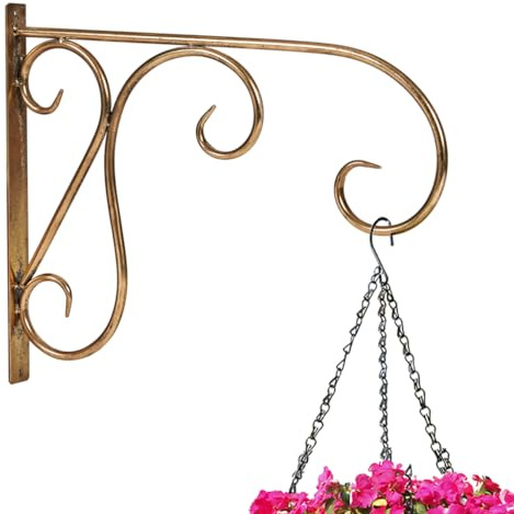Dibor Brass Finish Hanging Basket Bracket Vintage Style Ornate Scrolled Wall Mounted Plant Hooks & Hangers Wall Fence Doorstep Porch Lantern Topiary Hanging Basket Hooks