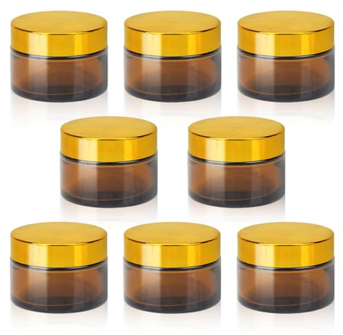 Fanchu Lot de 8 pots à crème vides en verre ambré - 30 ml - Avec couvercle et doublure - Pour cosmétiques, crèmes, lotions, huiles essentielles