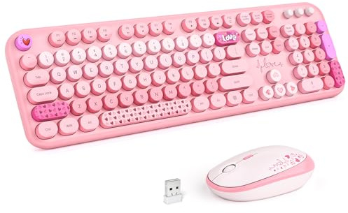 MOFII Combo de teclado y mouse inalámbricos, tamaño completo 2.4 G, máquina de escribir Plug and Play, juego de teclado y mouse redondo retro para Windows, computadora, escritorio, PC, portátil, (rosa