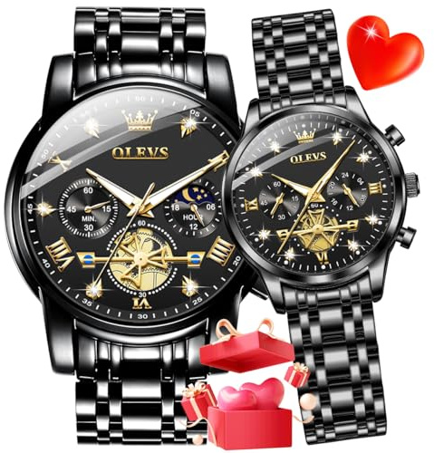 OLEVS Couple Watch His and Her Watch Set Mens Womens Matching Diamond Romantic Valentine’s Day Chronograph