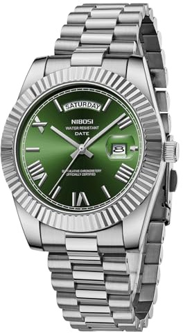 NIBOSI Klockor män rostfritt stål analog armbandsur enkel urtavla herrklockor affärer vattentät klassisk med datum presenter för män, Silvergrön, Klassisk