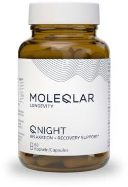 MoleQlar QNIGHT Relax Complex 60 kapslar, kosttillskott med ashwagandha (KSM66), melatonininnehållande surkörsbärsextrakt och magnesiumbisglycinat, i kapselform för bekväm daglig användning.