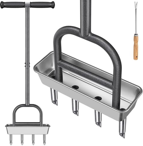 Dolibest Rasenlüfter Manuell, Rasen Belüfter Hohlspoon Aerifizierer Gardena Handvertikutierer Hohlzinken Langstiel Bodenbelüften Werkzeug 4 Kerne mit Reinigungswerkzeug für Verdichteter Rasenpflege