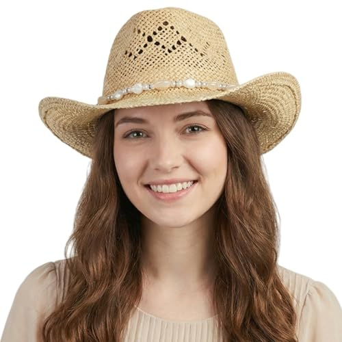 HIQIU Cowboy Strohhut Damen Sommer Strandhut Westernhut - Damen Straw Cowboy Hut mit Perlenbesatz Krempe Panamahut