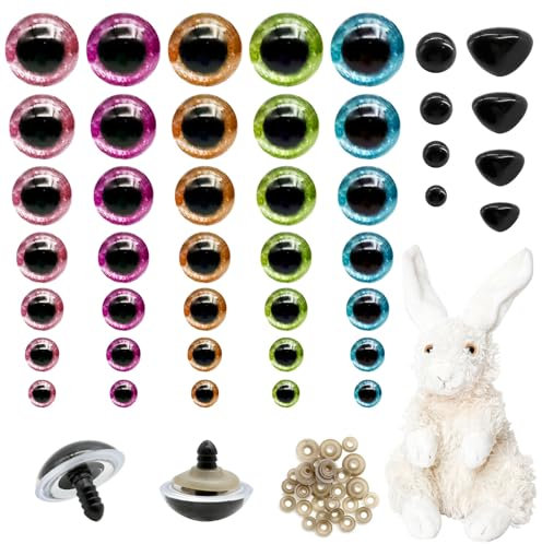 ZOCONE Häkeln Augen und Nase Set 110 Stück 6-30mm Glitzer und Schwarz Große Sicherheitsaugen für Häkelntiere 35 Stück Sicherheitsnasen Groß Knopfaugen Annähen Puppenaugen Häkeln Safety Eyes für DIY