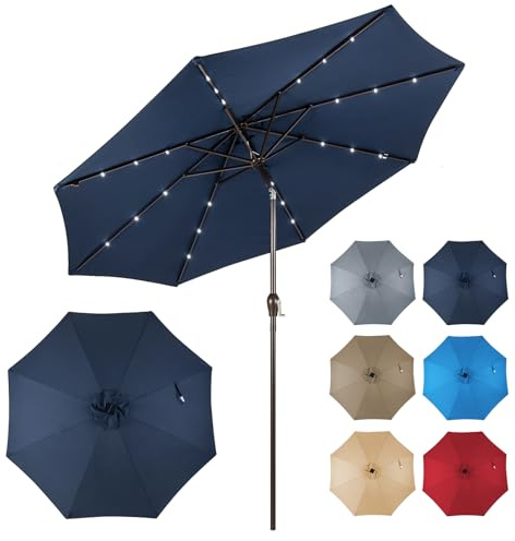 COSTWAY Parasol de Jardin Extérieur Ø 300 CM, Parasol Balcon Inclinable Lumineux Solaire avec 24 LED, Manivelle et 8 Baleines Métalliques Robustes, pour Balcon Jardin Terrasse(Bleu Foncé)