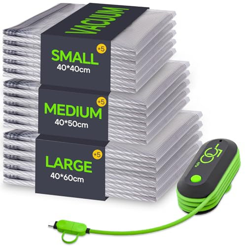 Vacbird Sac Sous Vide Vetement Aspirateur avec Pompe USB, Lot de 15 Sacs Sous Vide Voyage Réutilisables, Sac de Rangement Sous Vide Durables - Essentiels de Voyage peu Encombrants