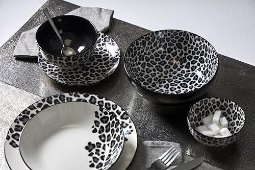Delys 546151 - Servizio da tavola in porcellana, 18 pezzi, per 6 persone, piatti, fondi, colori nero, decorazione LEOPARD
