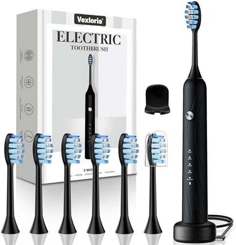 Vexloria Spazzolino Elettrico Sonico per Adulti e Bambini, 5 Modalità e Timer, Impermeabile IPX7 Ultrasuoni Spazzolino Elettrico da Viaggio, Spazzolino Sonico, Nero