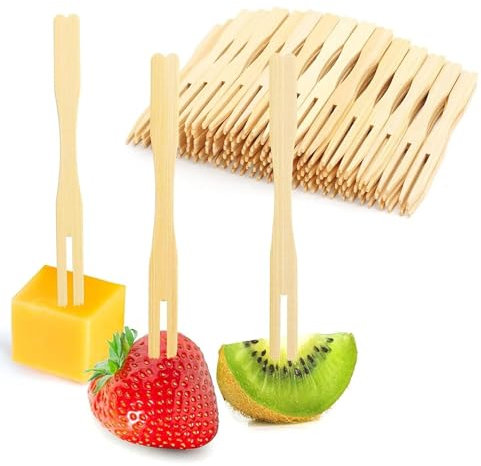 CONGGUAN 400Pcs Wooden Fruit Forks Two Prongs Fruit Forks Bamboo Party Disposable Cocktail Food Picks 3.5 Inch Blunt-end for Banquet Parties BBQ Picnics