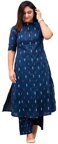 GoSriKi Women's Rayon Viscose A-Line Printed Kurta with Pant, Blue, L