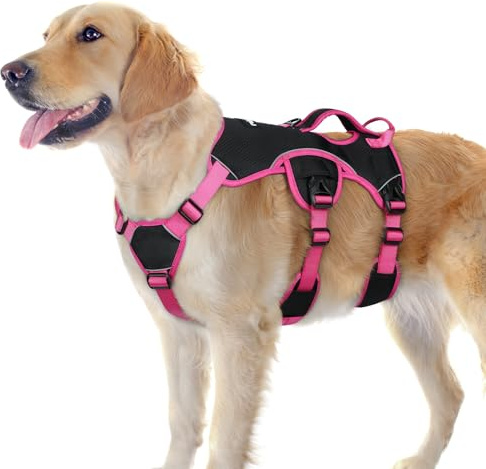 rabbitgoo Hundegeschirr Grosse Hunde，Sicherheitsgeschirr Hund | Sicherer Hebegriff, einfache Kontrolle, Anti-Zug, verstellbar, Reflektierend, für Gassi & Training, L, Schwarz & Rosarot