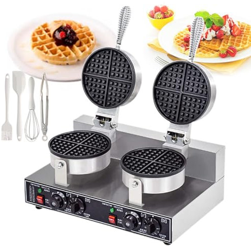 Gofrera Redonda De Alta Resistencia De 18 Cm Con Calentamiento Por Ambos Lados | Termostato Digital Y Temporizador De 50-250 °C Para Cocinas De Catering, Cafeterías Y Repostería Casera