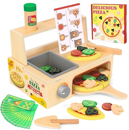 Charmofun Pizza Bois, Aliments Dinette en Bois, Accessoires Cuisine Enfants avec Four de Cuisson et Tabliers, Jouet Éducatif Montessori Cadeau pour de Enfants 3 Ans et Plus
