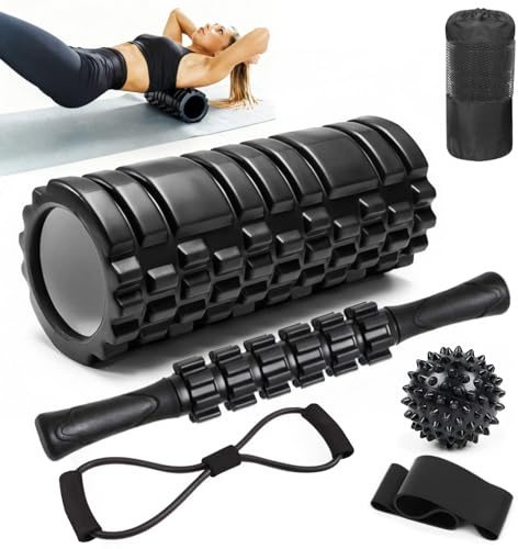 Dalephoric Rullo Massaggio Muscolare Kit, 33x13cm Foam Roller con Bastone Massaggio, Palline Massaggio e Bande Elastiche, Rullo Massaggiante, Roller Pilates, per Stretching, Yoga, Rilascio Miofasciale