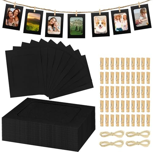 40 Stück Fotogirlande - 10x15 cm Fotoleine mit Klammern, Papier Bilderrahmen mit 40 Stück Holzklammern, DIY Selbstklebende Bilderrahmen 6 Zoll für Geburtstag Hochzeit Party Wand Deko (Schwarz)