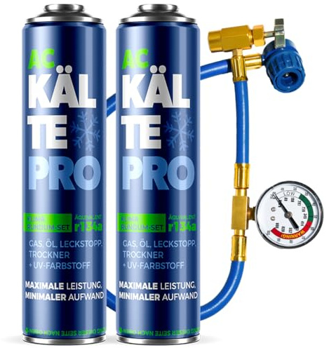 KÄLTEPRO Kältemittelersatz R134a Nachfüllset - Rundum-Set zum Klimaanlage selbst befüllen Entspricht 755g R134a - Dichtmittel, Öl & UV-Farbstoff - Für PKW 1995–2016 2 x 500ml Dosen + Schlauch