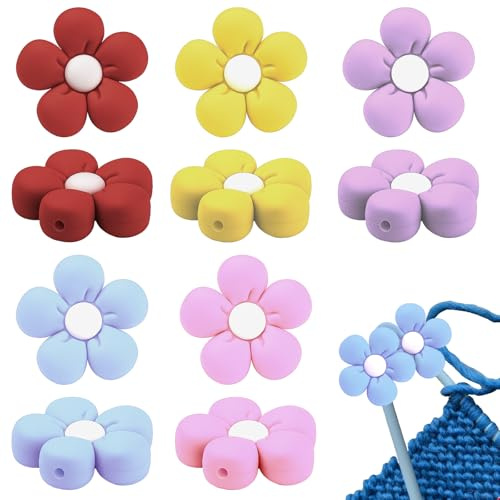 10 Stück Niedliche Blumen-Stricknadelstopper, Stricknadel Stopper, Bunte Blumen-Silikon-Stricknadelspitzen-Schützer, Maschenstopper für Stricknadeln Hand DIY Zubehör