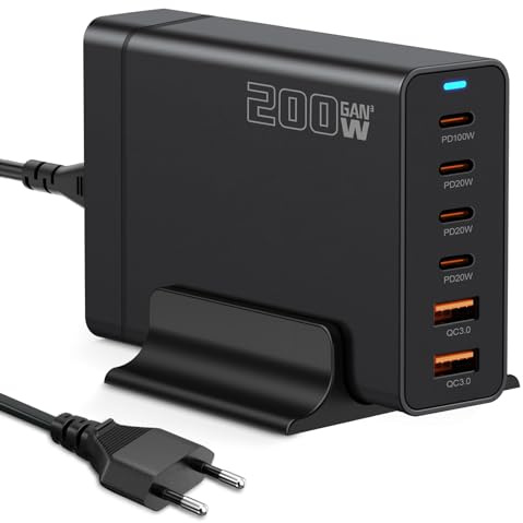 200W Estacion de Carga GAN IV, 6-Port Estación de Carga Carga Rápida de 100W, USB C Charging Station Multiple Compatible con MacBook Air/Pro, Originales Cumpleaños para Hombre