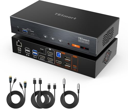 TESmart HDMI Displayport USB-C KVM Switch 3 Monitors 4K@60Hz USB 3.0 | DisplayLink Triple Monitor KVM for MacBook w/100W USB-C PD, Gigabit LAN, MST&EDID, Button&Hotkey Switch, All Input Cables
