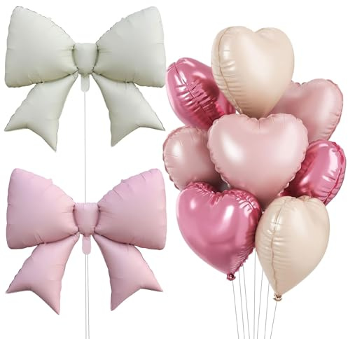 11 Stück Herzluftballons Rosa Creme mit Schleifenballons, 18 Zoll Helium Ballons, Deko für Babyparty Mädchen, Geburtstag, Hochzeit, Valentinstag