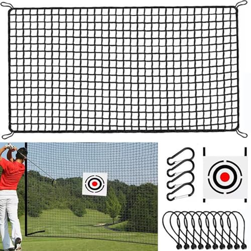 Rete Allenamento Golf 3m x 4.5m con Bersaglio–Fibra Poliestere Nero a Maglie 2,54cm, Rinforzi Bordi + 10 Palle Elastiche + 4 Moschettoni – Montaggio Istantaneo per Giardino| Rete da Swing per Interni/