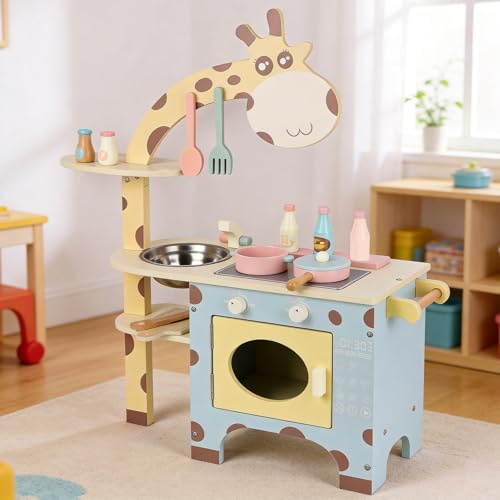 Lekkök för barn i trä – Leksaksdesign i form av giraff med tvättställ i rostfritt stål, ugn, skärbräda och 11 montessori-pedagogiska leksaker för barn 3-6 år